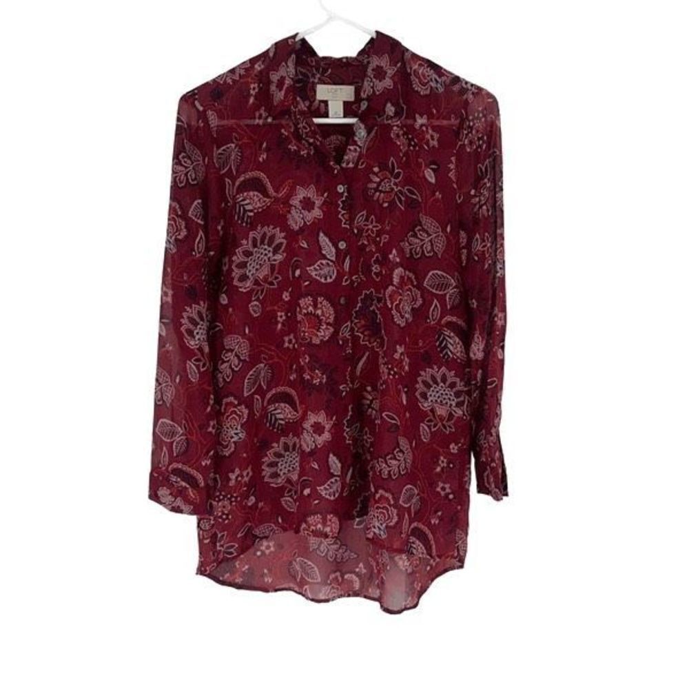 Loft Outlet Women's Floral Long Sleeve Button Down Semi Sheer Shirt Red Size Sma